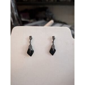 Vintage 925 Sterling Silver, Onyx, & Marcasite Art Deco Drop Earrings